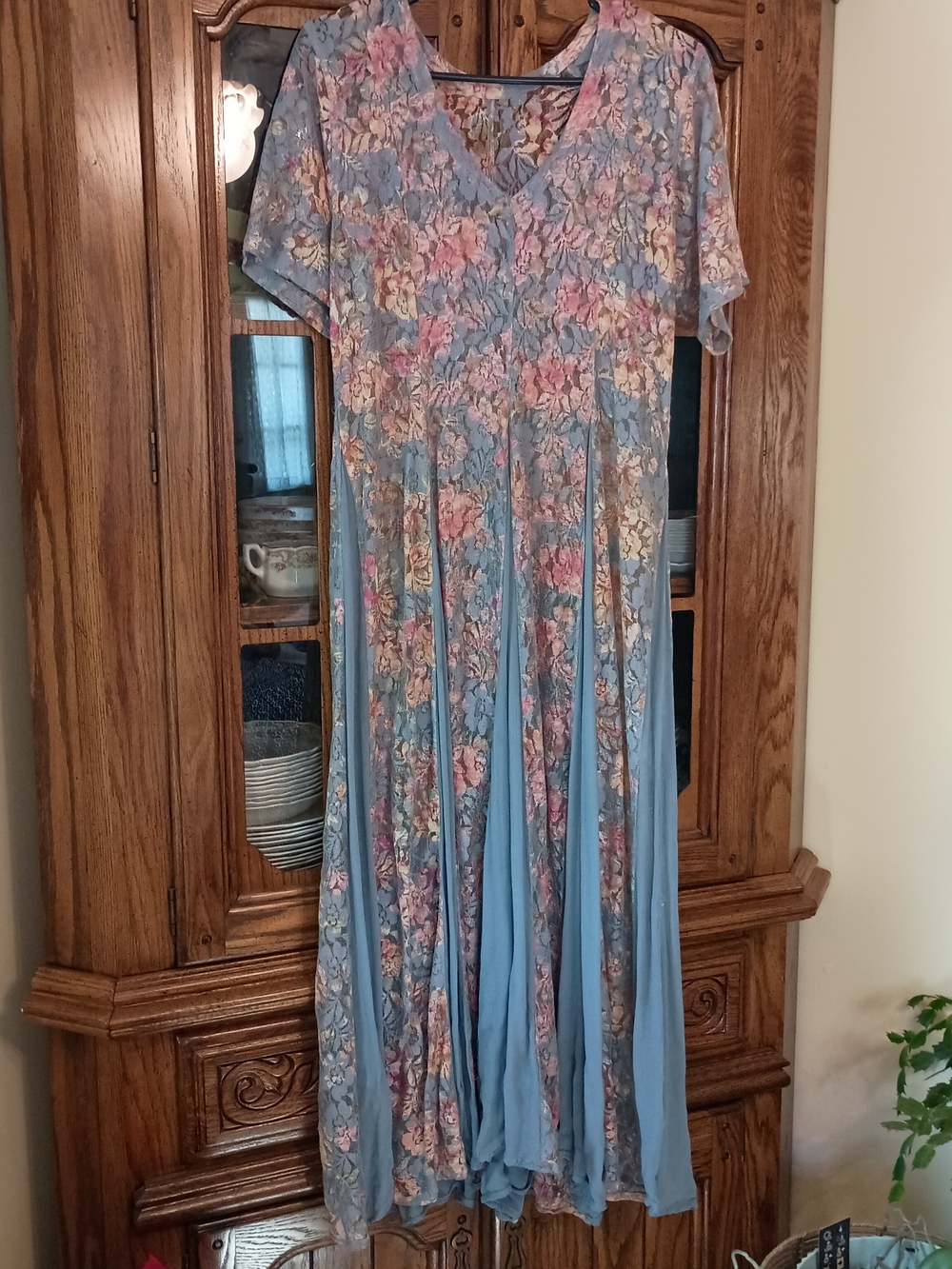 V-Neck Floral Maxi Dress in Dusty Blue and Pink